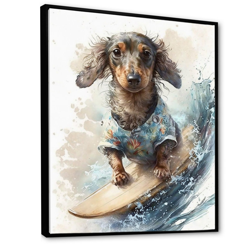 «Dog Surfing I», impression sur toile, H 20 po x l 12 po x P 1 po, Toile avec cadre flottant noir