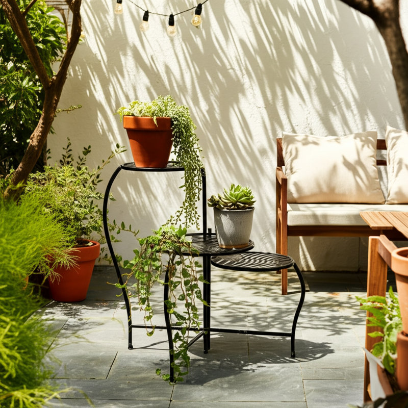 Folding 3-Tier Iron Plant Stand with Elegant Leaf Cutout Design for Indoor Living Spaces and Outdoor Garden Use – 22", Black