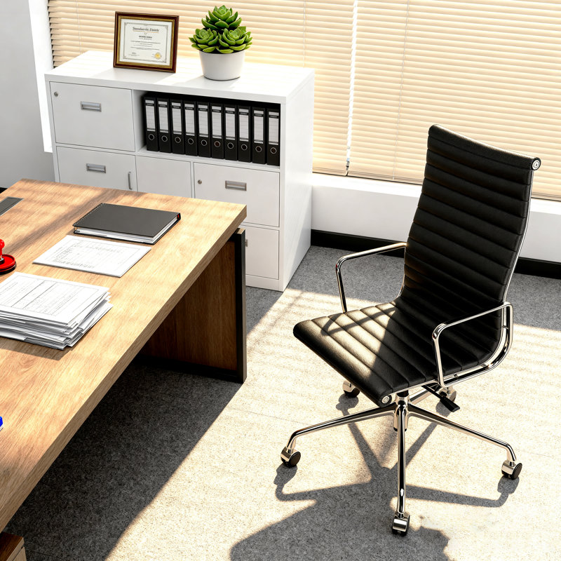 Genuine Leather Office Chair with Aluminum Frame and Base, Swivel Conference Room Chair, Black