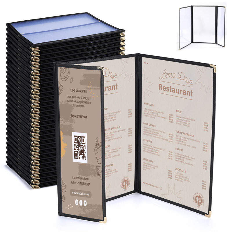 Paquet de 30 couvercles de menu de restaurant WeChef 8,5 x 14 po 2 pages 4 et 4,25 x 14 po, H 0,4 po x l 9,7 po x P 14,8 po