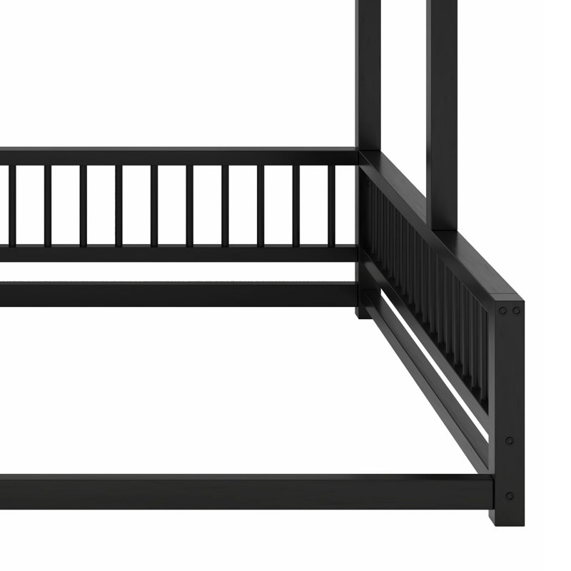 Floor Bunk Bed Frame With Ladder And Safety Guardrails, Black, Twin Over Queen