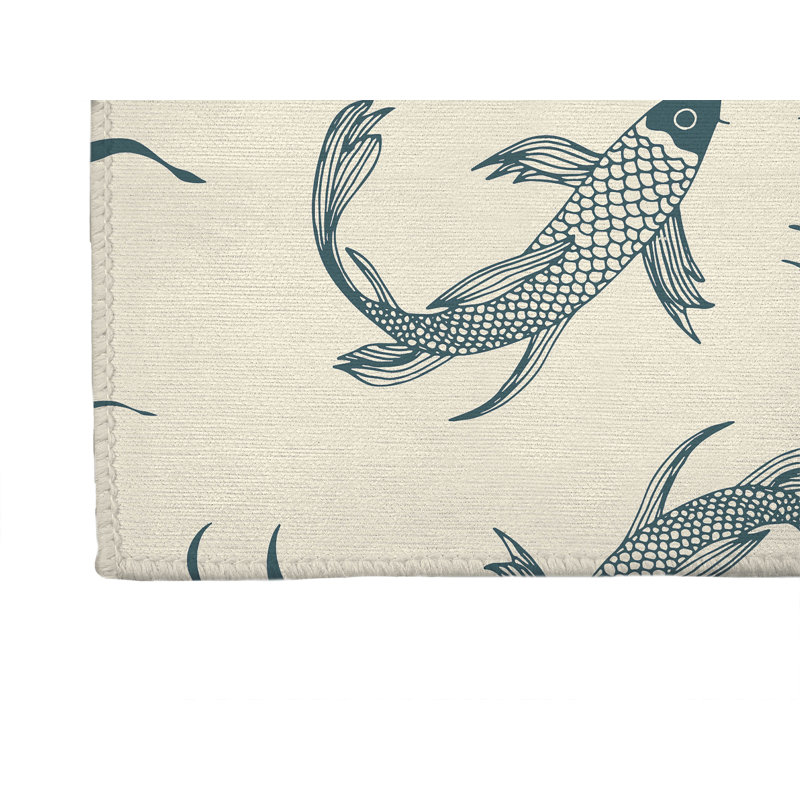 Tapis d'entrée intérieur ultra fin, léger et antidérapant à motif de carpes koï, Turquoise poudreux, L 60 po x L 84 po