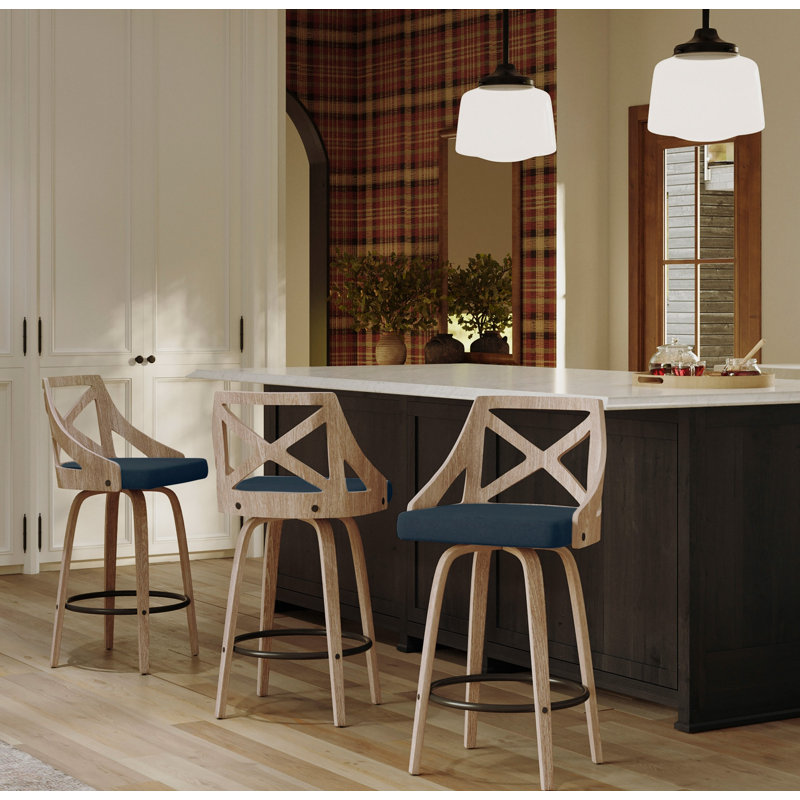 Dannie Swivel Upholstered Counter Stool, Blue, White Washed Wood