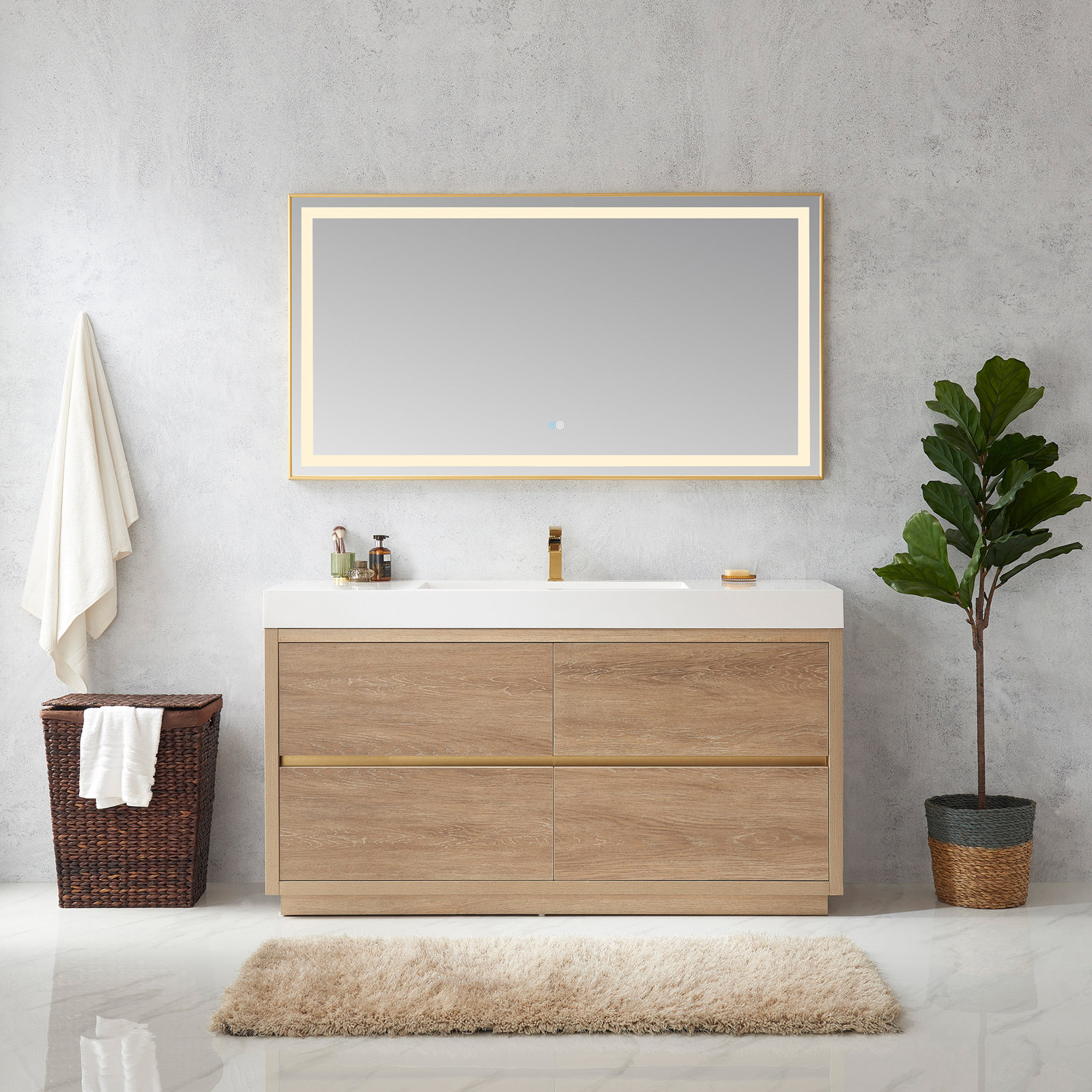 Beira 59.8'' Single Bathroom Vanity, North American Oak, White