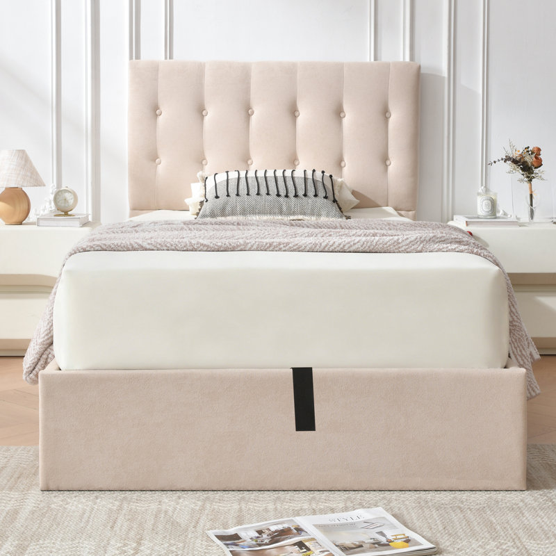 Lit plateforme tapissier avec rangement Arcadia, Kaki, Simple