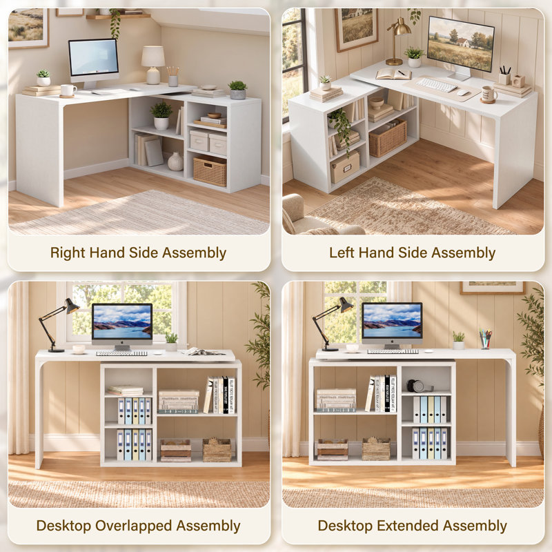 55" Reversible L Shaped Computer Desk with Cabinet Shelves, Adjustable Industrial Wood Workstation for Work Study Writing Gaming
