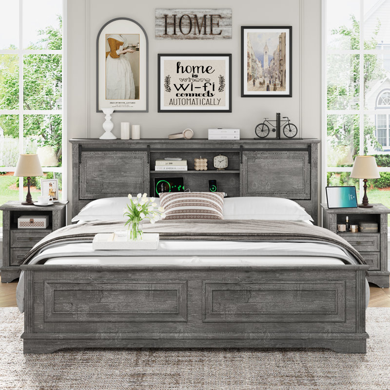 Farmhouse King Platform Bed Frame With Sliding Barn Door Headboard & Charging Station – Rustic Wood Bed With Storage Shelves