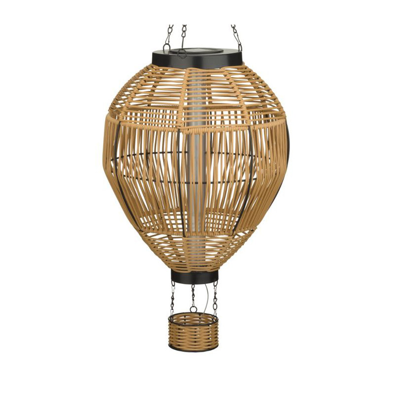 Wicker Hanging Solar Hot Air Balloon Lantern with Glass Panels and Metal Frame, 11.5" H x 11.5" W x 28.5" D