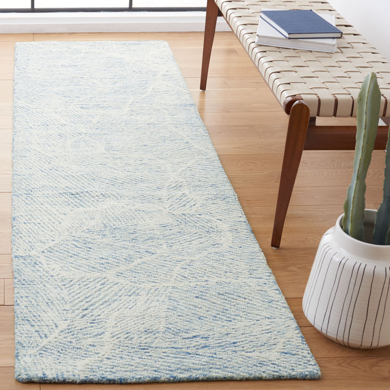 Tapis bleu en laine touffeté à la main Bouldin, Tapis de couloir 2 pi 3 po x 12 pi
