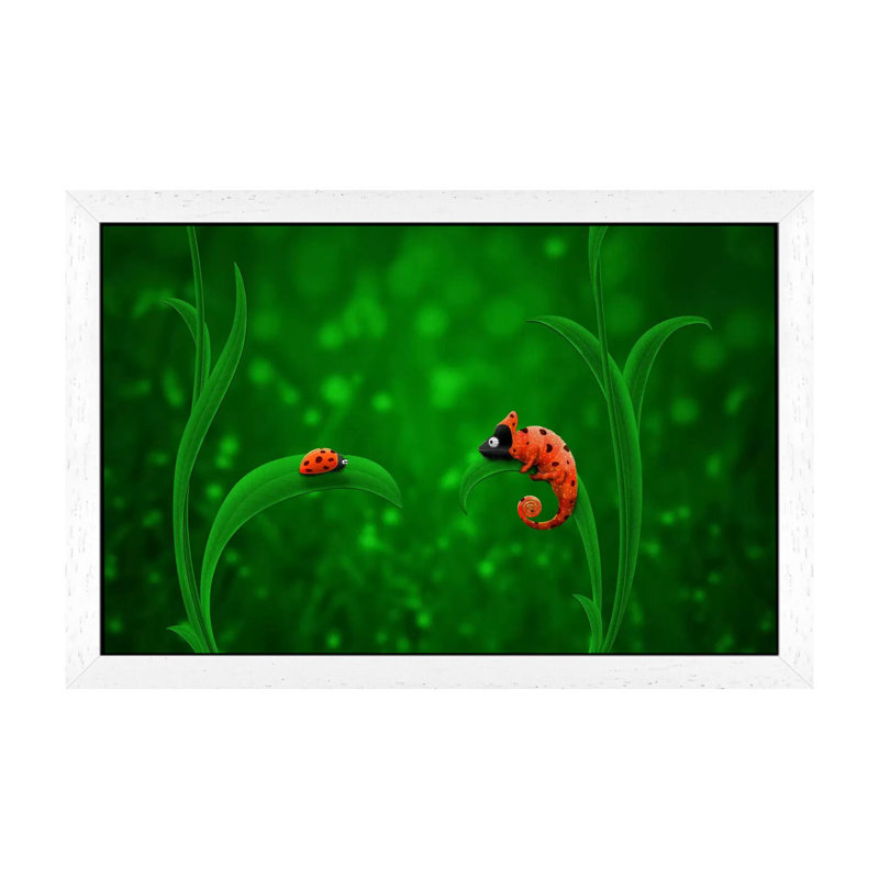 Ladybug And Chameleon - Print on Canvas, 66.04 cm H x 45.72 cm W, White Floater Framed