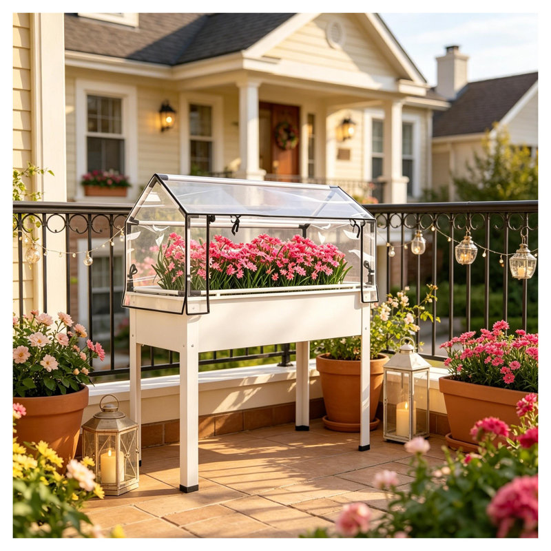 Lit de jardin surélevé blanc avec couvercle de serre, boîte à fleurs en métal et en plastique pour légumes et herbes