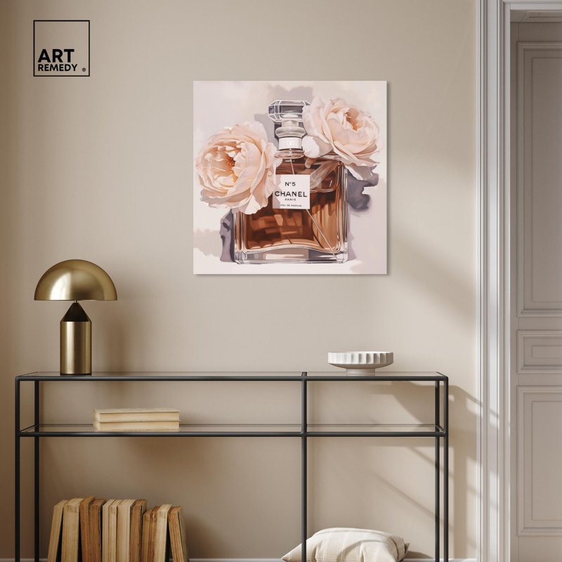 12" x 12" Beige and Brown Canvas Floral Perfume Art