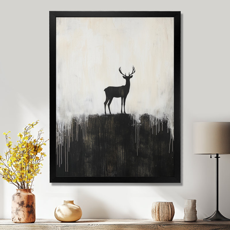 Deer Silhouette On Mountain - Deer Wall Art Print, 32" H x 24" W, Picture Framed Print, Black