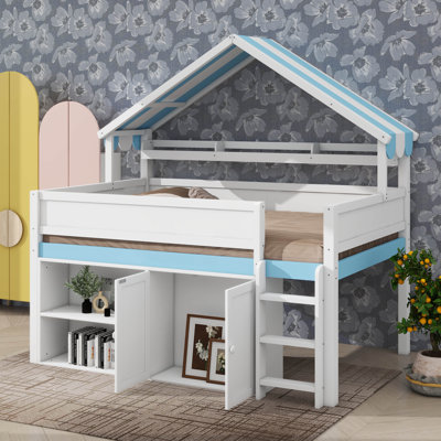 Full-Sized House Loft Bed With Safety Barrier & Canopy Top, Wooden House Roof Bed Frame With Integrated Storage Cabinet & Shelving
