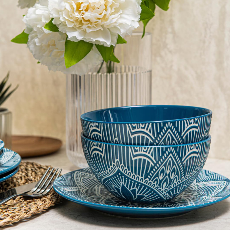 12-Piece Blue Floral Ceramic Dinnerware Set for 4
