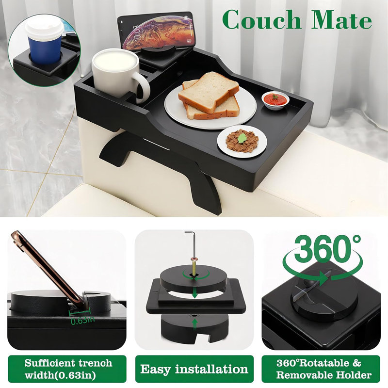 Multi-Function Sofa Arm Tray Table With 360° Rotating Phone & Tablet Holder, Non-Slip Drink Holders, Adjustable Design For Couch, Eating, Working And Watching TV