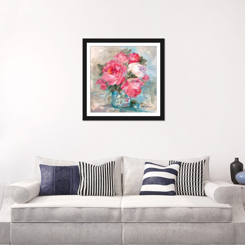 «Summer Roses I» par Debi Coules - reproduction imprimée, H 16 po x l 16 po x P 1 po, Papier d'art encadré noir, Blanc