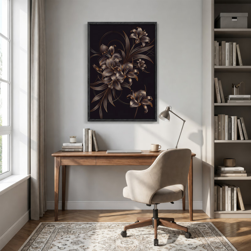 Tableau mural sur toile représentant des lys en bronze métallisé sur fond noir, 48"H x 32"W