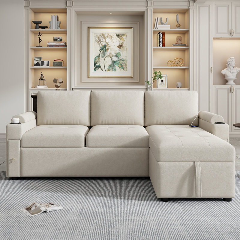 Canapé-lit convertible en L avec grands porte-gobelets de rangement et ports USB pour une vie moderne, Beige