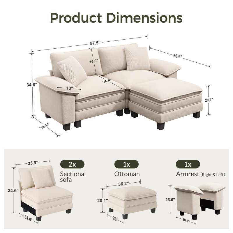 88" Modular Sectional Loveseat Couches For Living Room, 3-seater Deep Seat Sofa With Ottoman, Ivory Chenille