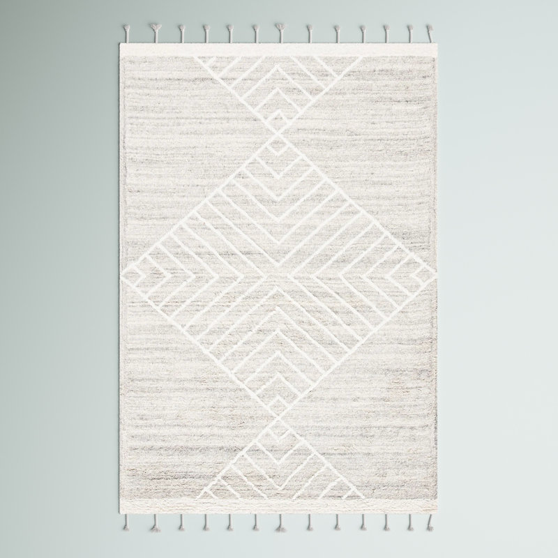 Tapis beige en laine touffeté à la main à motif géométrique Adelia, Rectangle de 5 pi x 8 pi