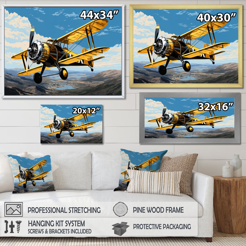 " Yellow Airoplane Over The Lake ", 16" H x 32" W x 1" D, Gold Floater Framed
