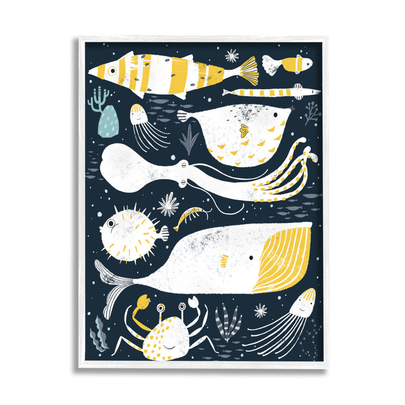 «Aquatic Life Ocean Collage», crabe, baleine, pieuvre surdimensionnée encadrée noire, art texturé par Junco. Studio