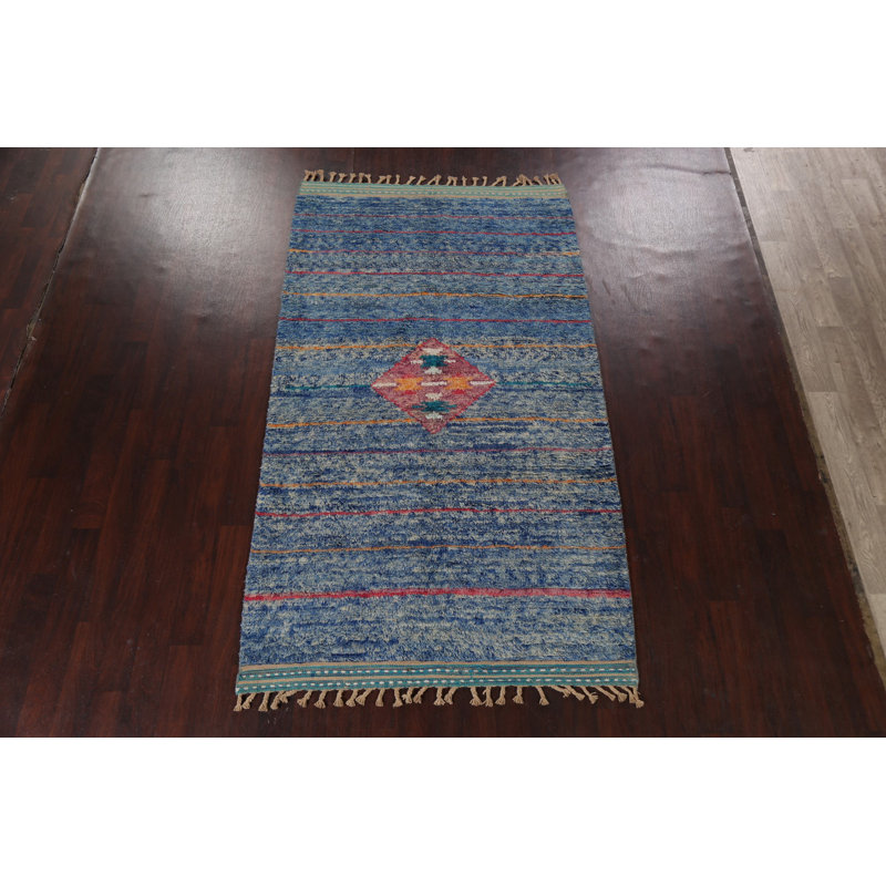 Tapis bleu noué à la main de conception unique 5 pi 1 po x 9 pi 1 po