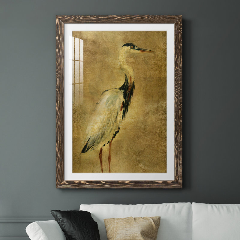 Gold Crane at Dusk I - impression, Papier, cadre noyer, H 20 po x l 17 po x P 1,5 po