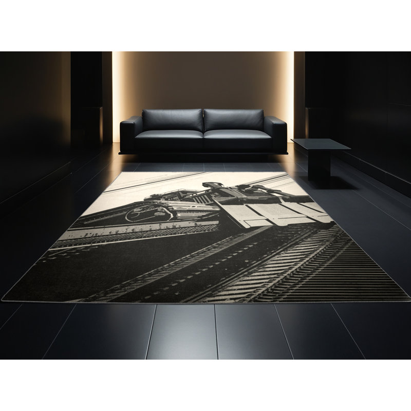 Machine Washable Daleville Bulldozer Construction Vehicle Industrial Block Print Rug in Brown – Gray Binding, 6x9