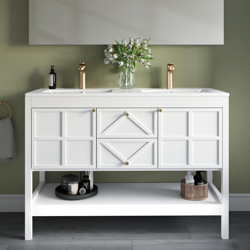 48" Farmhouse Double Sink Bathroom Vanity With 2 Drawers & Doors, White