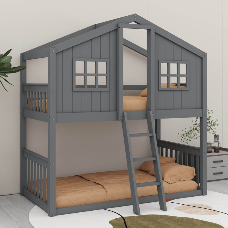 House-Style Bunk Bed With Built-In Ladder, Gray