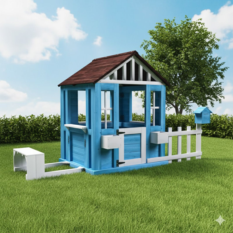 Maisonnette d'extérieur en bois avec table de pique-nique, fenêtres, clôture et support à fleurs