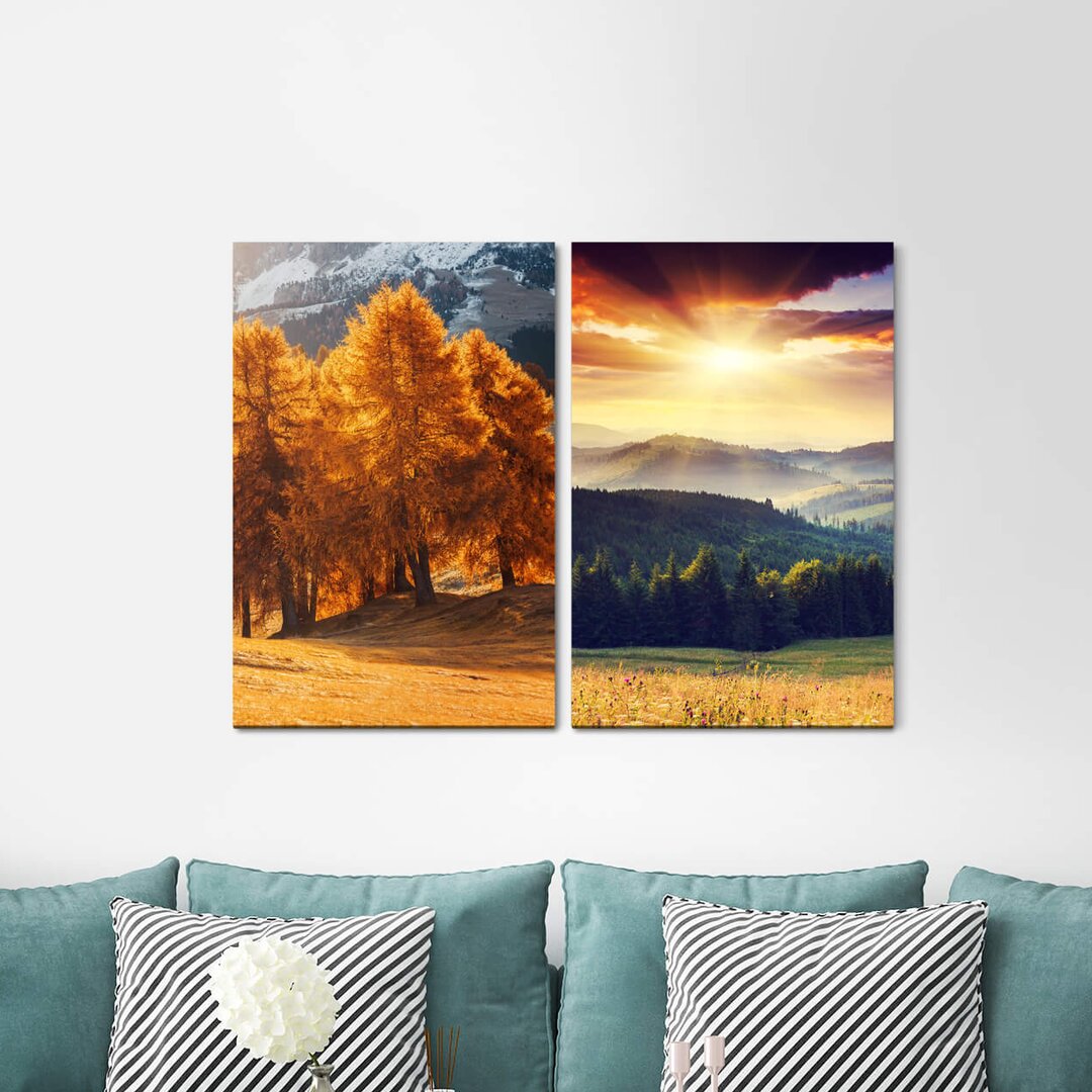 2-tlg. Leinwandbilder-Set - Fotografie „Trees Mountain Landscape Sunset Nature Untouched Clouds Peace”