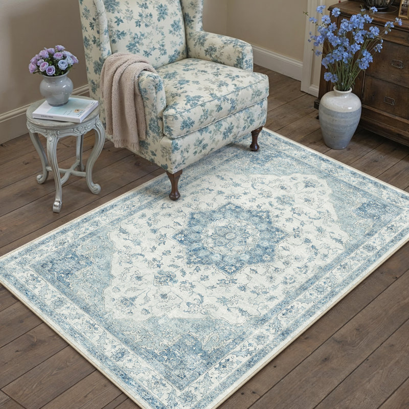 Stella Machine Washable Oriental Blue Area Rug, Rectangle 3' x 5', Blue, 0.28"