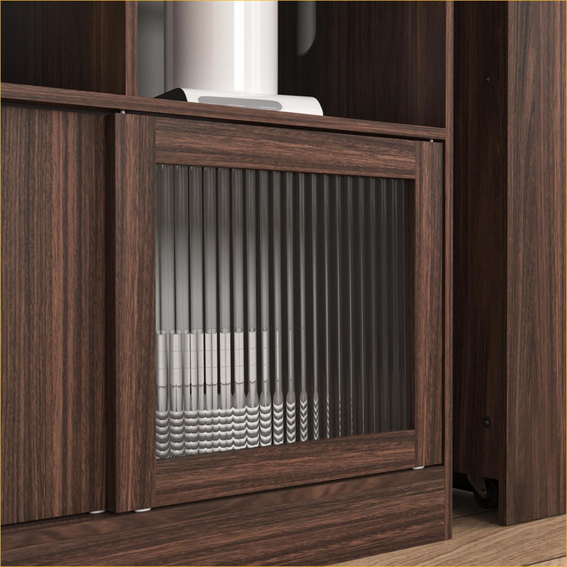 Armoires | Armoire de bar moderne à hauteur de comptoir rotative, 6 espaces de rangement, 2 portes en verre nervuré, brun noyer, pour le salon | Panneau de particules | Cuisine