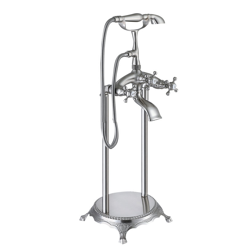 Triple Handle Floor Mounted Tub Filler With Handshower, Brushed Nickel