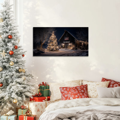 Hiver, grange rouge Abhinaya - peinture de scène de ferme enneigée, art de toile d'arbre de Noël, œuvre de décoration des Fêtes pour le salon, affiche prête à accrocher, 16 po x 32 po