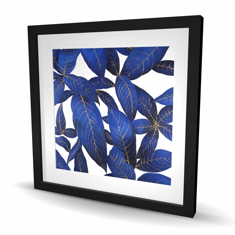 «Abstract Modern Blue Leaves - Exotic Flowers», reproduction encadrée
