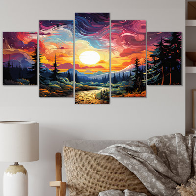 Art mural sur toile mauve, Northern Lights Road To Infinity I - 5 panneaux