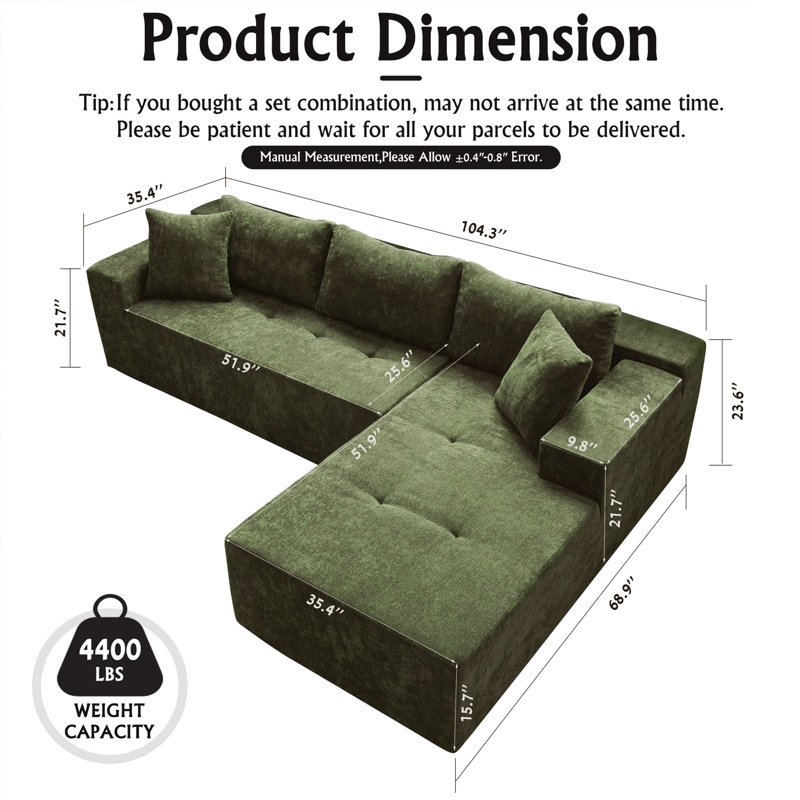 Koli 104" L-shaped Velvet Sectional Couch with Chaise, Compression Modular Sofa for 4 Person, Right Facing, Right Hand Facing