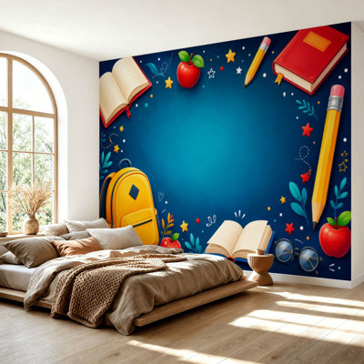 Wall Mural Peel and Stick Wallpaper Welcome Back To School Blackboard Classroom Pencil Bus Teacher Student Self-Adhesive Removable Contact Paper Wall Decor for Living Room Bedroom 69"H x 96"W