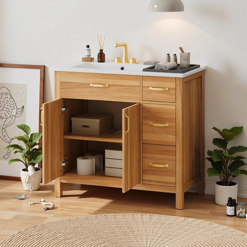 Meuble-lavabo de 36 po en bois massif avec portes et tiroirs à fermeture en douceur, tablette réglable, poignées dorées, armoire de rangement moderne pour petites salles de bain