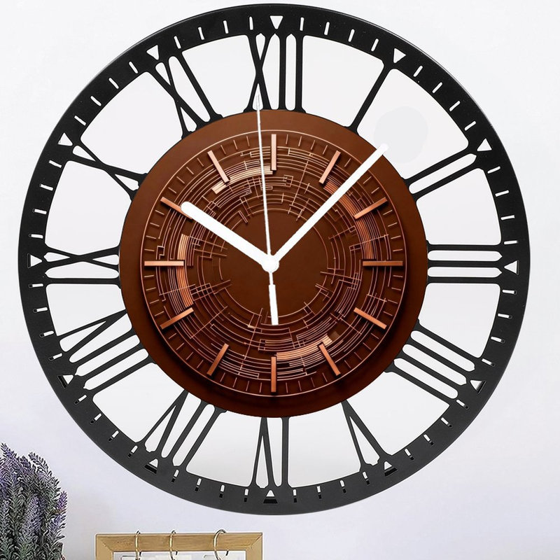 Horloge murale ronde en fer 10 po avec mouvement à quartz silencieux, chiffres romains, impression UV, Cuivre
