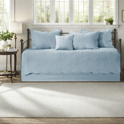 Ensemble de literie réversible 6 pièces en polyester matelassé style campagnard pour lit de jour simple, bleu