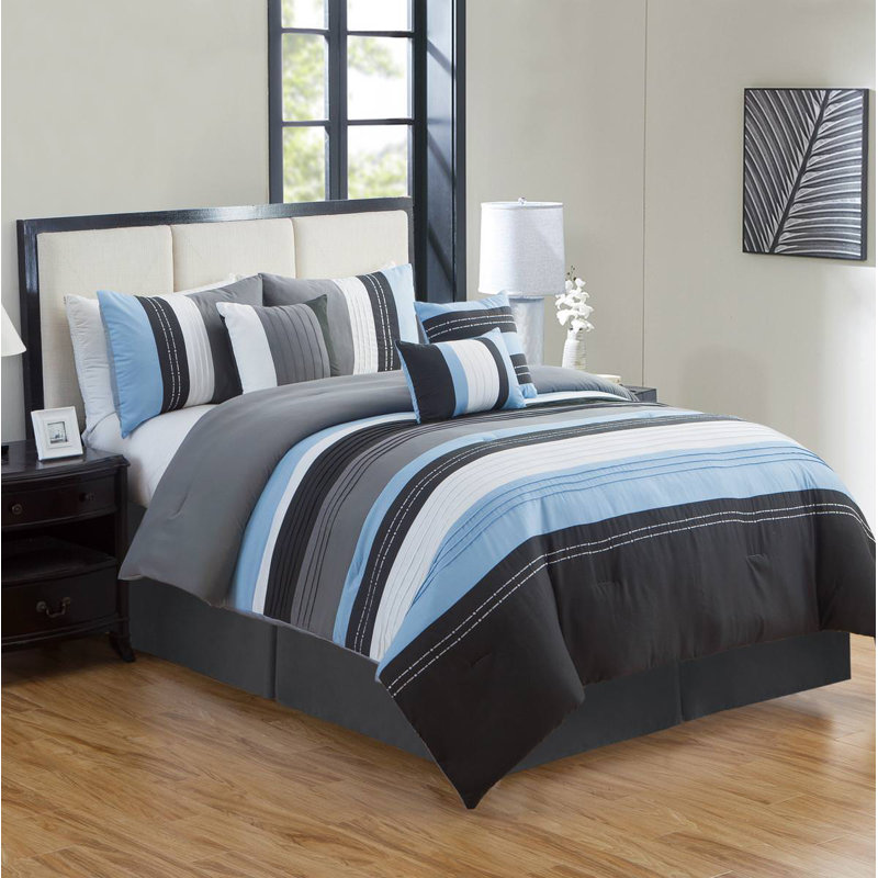 Barcelona Modern & Contemporary Polyester Striped Comforter, Blue, King Comforter + 6 Additional Pieces