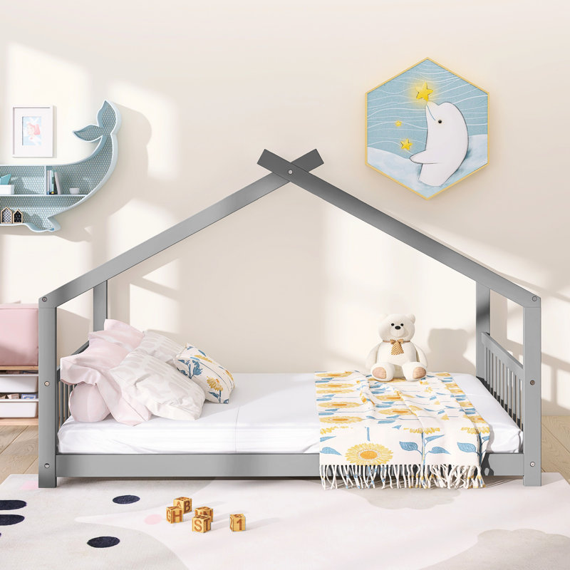 Lit de maison gris en bois de taille double - idéal pour le plaisir et le sommeil, avec structure de toit robuste, l 56,3 po de large, repose-pieds requis pour l'assemblage, grand lit de H 53,9 po