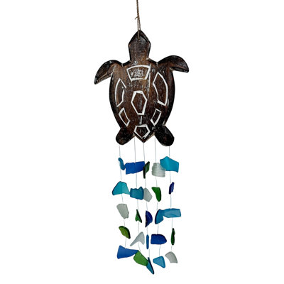 Coastal Sea Turtle Wind Chime with Carved Wood and Blue, Green and White Glass, 19 Inches High