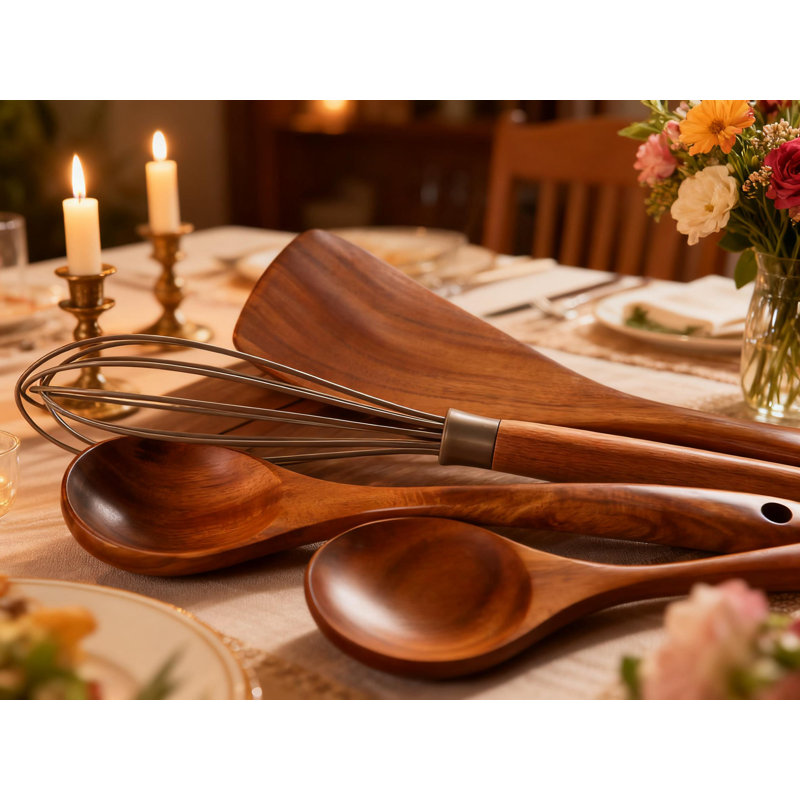 Ensemble d'ustensiles en bois de teck naturel 10 pièces pour la cuisson, cuillères en bois antiadhésives et ustensiles de cuisine avec prise confortable