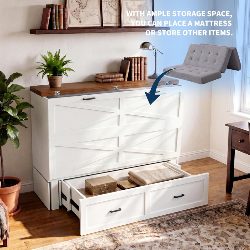 Lit escamotable avec rangement et station de charge, lit armoire avec panneau pliable et grand tiroir, lit plateforme dissimulé blanc (avec matelas noir)